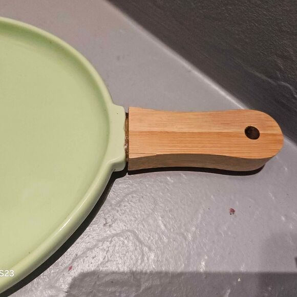 Green Ceramic and Wood Handle Appetizer Dish Appetizer Tray 16" x 8" - Picture 3 of 6